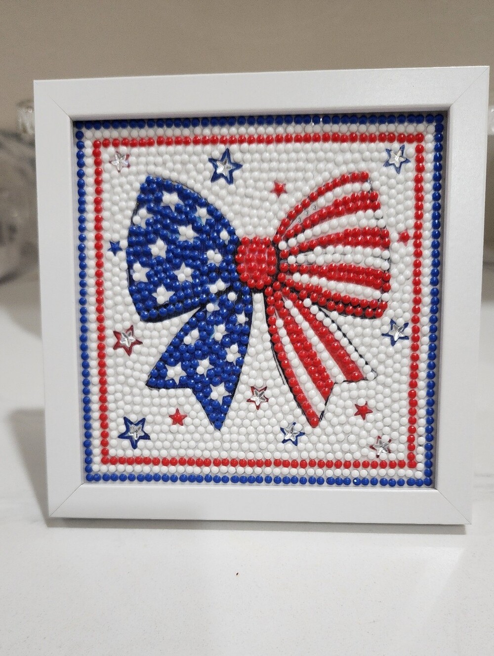 Patriotic American Flag Bow Diamond Painting in White Frame